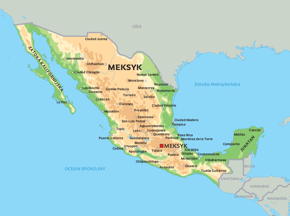 Mapa Meksyk zobacz usytuowanie Miasto Meksyk, Pueblę oraz