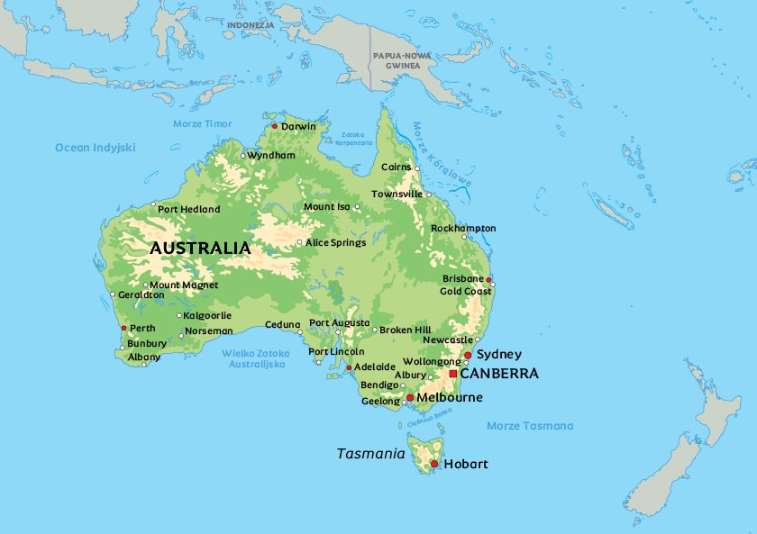 australia mapa po polsku Mapa Australia: zobacz Sydney, Ayers Rock i Melbourne